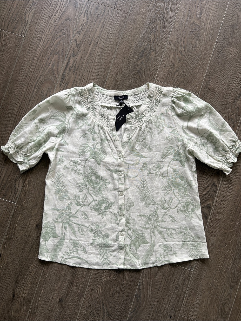 Haver London Botanical Linen Blend Smocked Puff Sleeve Blouse Size Large NWT